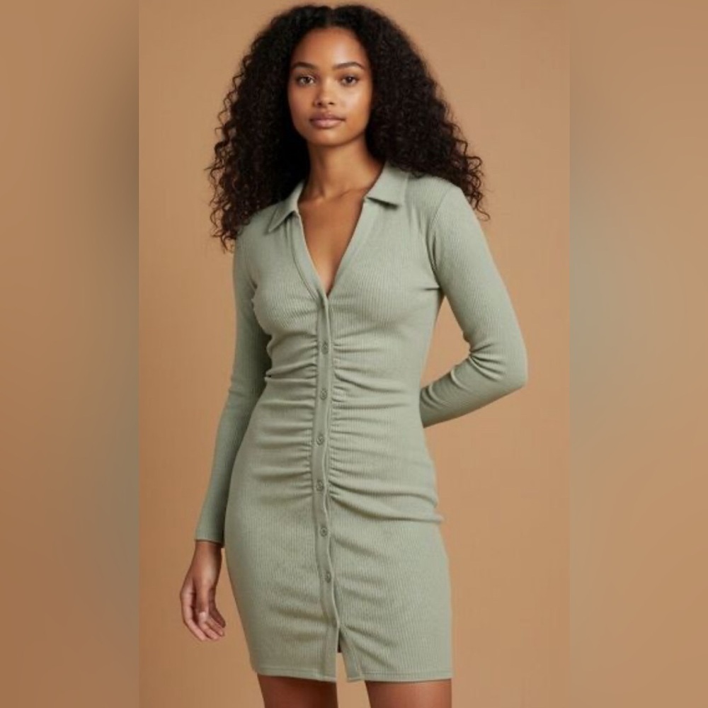 Abercrombie & Fitch Sage Green Long Sleeve Ribbed Button Front Ruched Dress M